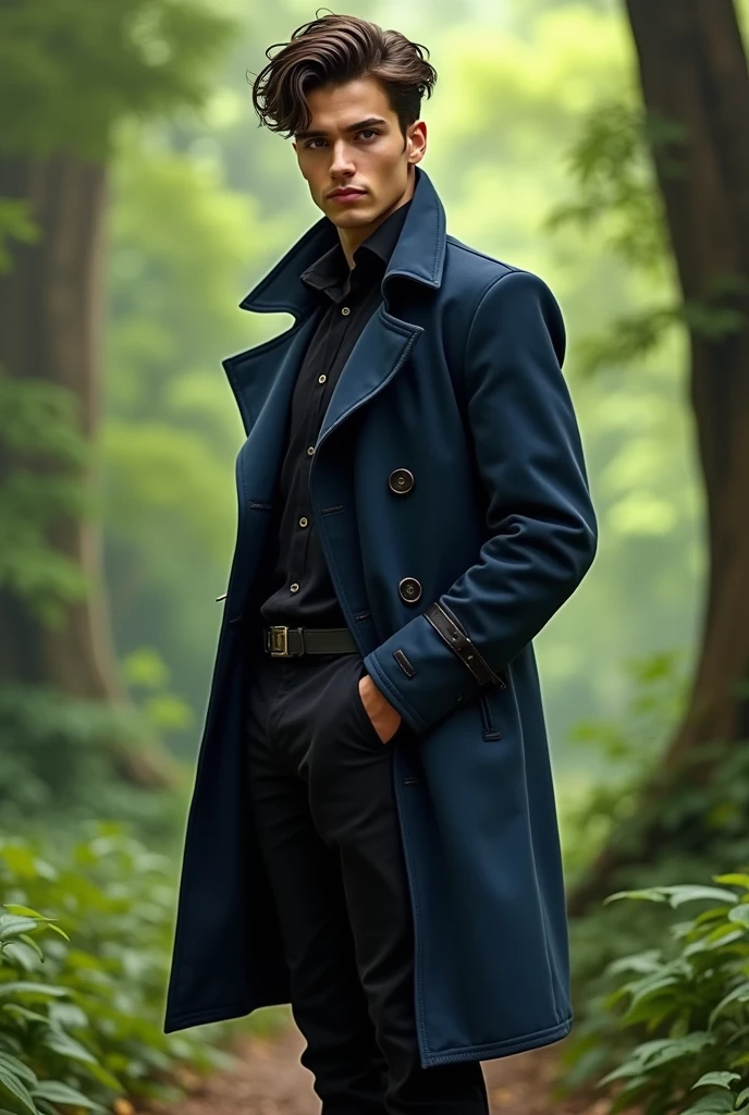Create an image of an 1, the face needs to be delicate with dark brown and wavy hair. The haircut needs to be modern. He has light honey brown eyes and fair skin.. He is dressed in men's black pants and sturdy combat boots.. your coat is blue and black , in dark blue tone, with a modern cut. His expression is outgoing and charismatic, conveying natural charm and confidence. He is a boy who has a body with good muscles and an attractive look.. The setting is in a forest, to complement your cool style and vibrant personality.