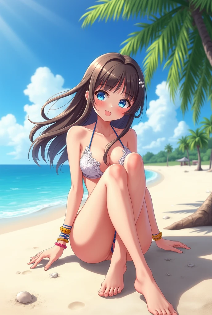 Anime girl showing his feet on the beach in bikini