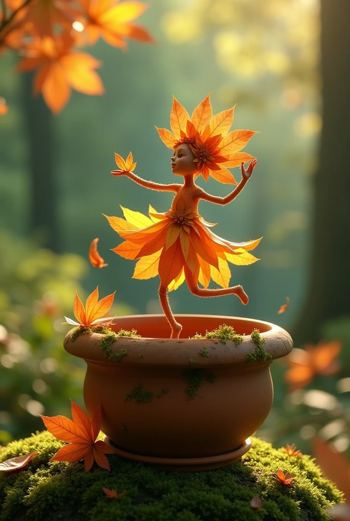 A whimsical miniature figure composed of delicately arranged autumn leaves, poised in a carefree dance on the rim of a weathered, moss-covered terracotta pot, set against a lush, vibrant forest backdrop, where dappled sunlight filters through the canopy above, casting intricate shadows. The overall aesthetic is ethereal, with warm, earthy tones of sienna, umber, and olive green, infused with hints of emerald and golden light, evoking a sense of wonder and enchantment, as if plucked from a fantastical realm.