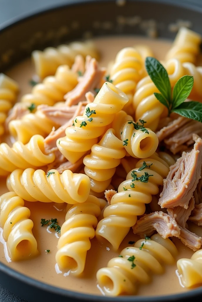 a rolled screw-type pasta,
made in a creamy pressure cooker with shredded chicken