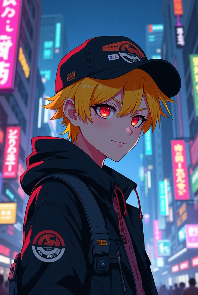 teenage man, yellow hair, Red eyes, cap, night city landscape, anime style, 