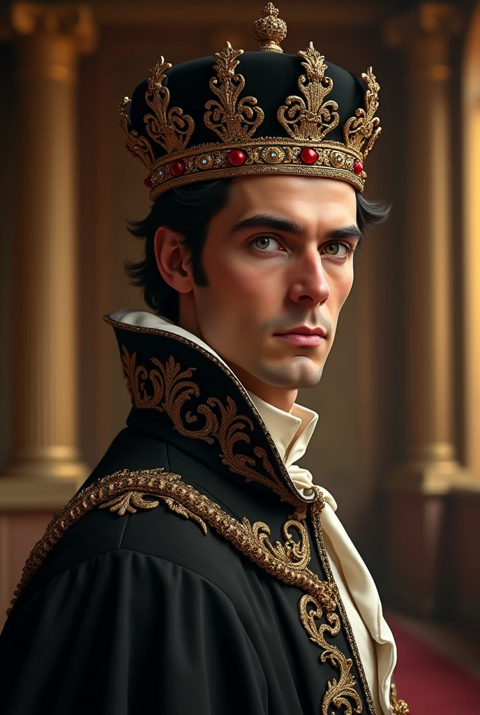 Guiseppe is a 2 Italian man who is a prince of the Italian crown.. He wears a black gold crown on his dark hair and has greenish eyes.. She has a delicate face. I need something realistic