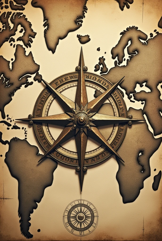 Create a compass rose. The background with an old map with illustrations.