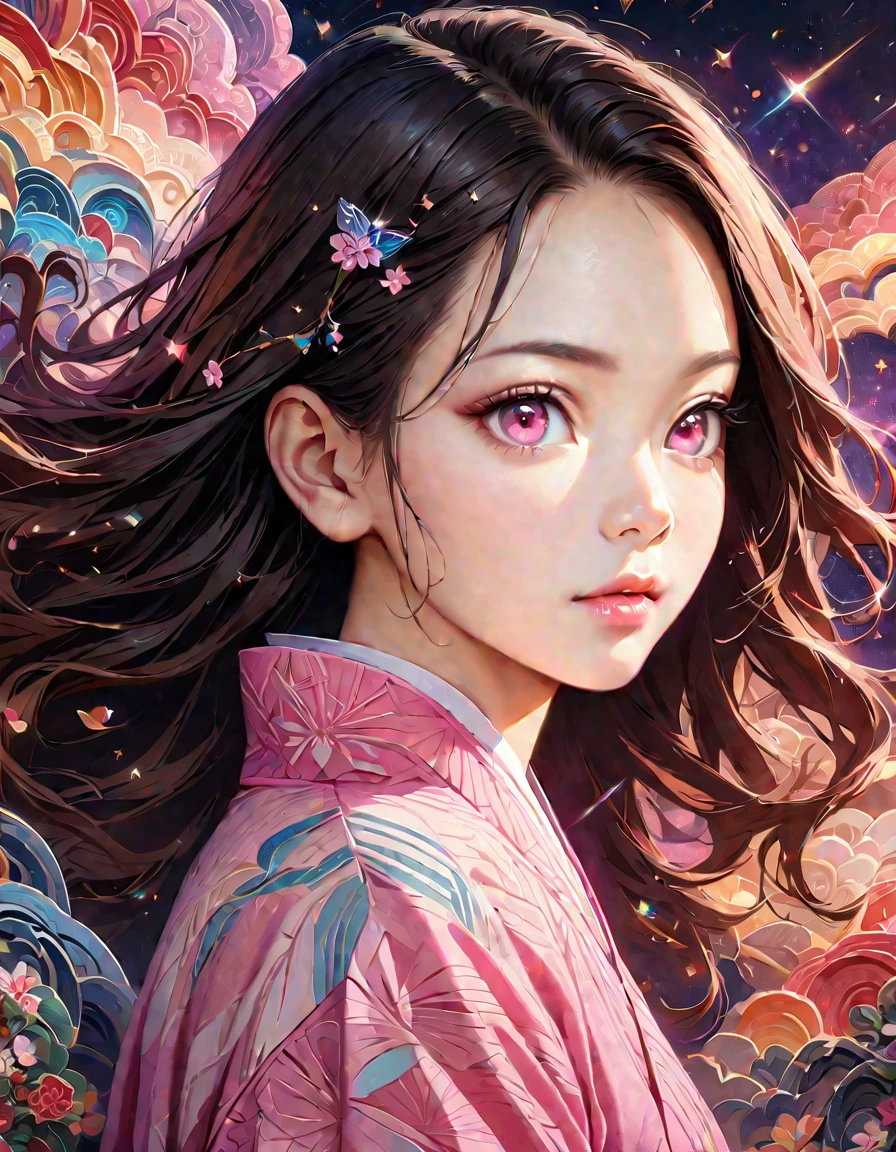 (masterpiece, best quality:1.2), Embossed paper, Solitary，Black LightNezuko from demon slayer. a young woman with long dark hair, (pink eyes), beautiful detailed eyes, beautiful detailed lips, extremely detailed face, longeyelashes, wearing a pink kimono, (best quality,4k,8k,highres,masterpiece:1.2),ultra-detailed,(realistic,photorealistic,photo-realistic:1.37),digital painting,exquisite detail,intricate details,highly detailed,vivid colors,warm lighting,cinematic lighting,dramatic lighting, iridescence, dramatic angle, space, (floating colorful sparkles:1.3), Dramatic Lighting, Chiaroscuro, Evocative Depth, Face Portrait, Close up, ulzzang, (looking at viewer), 
