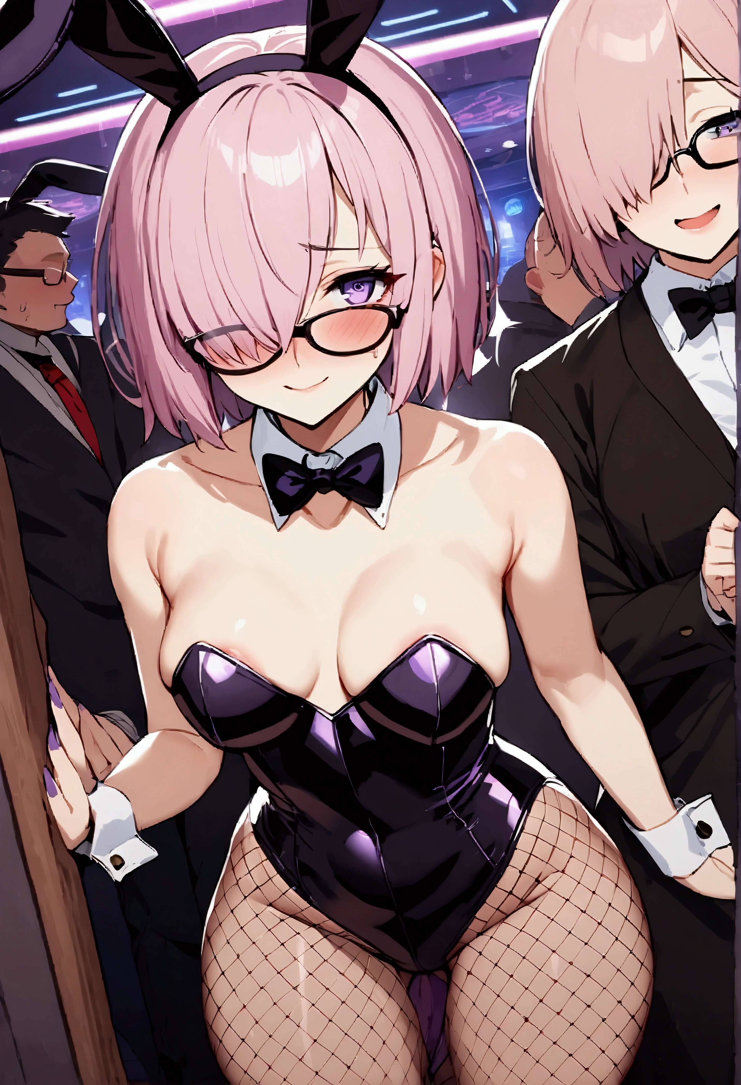 NSFW,masterpiece,Highest quality,High resolution,Very detailed,Mash Kyrielight\(Fate/grandorder\),short hair,Purple Eyes,Pink Hair,(Hair over one eye:1.2),Glasses,(Playboy Bunny),Fishnet tights,Nightlife,cyber punk,casino,Lustful face,Bitter smile,(Prostitute),(Being molested),Being touched,My chest is grabbed