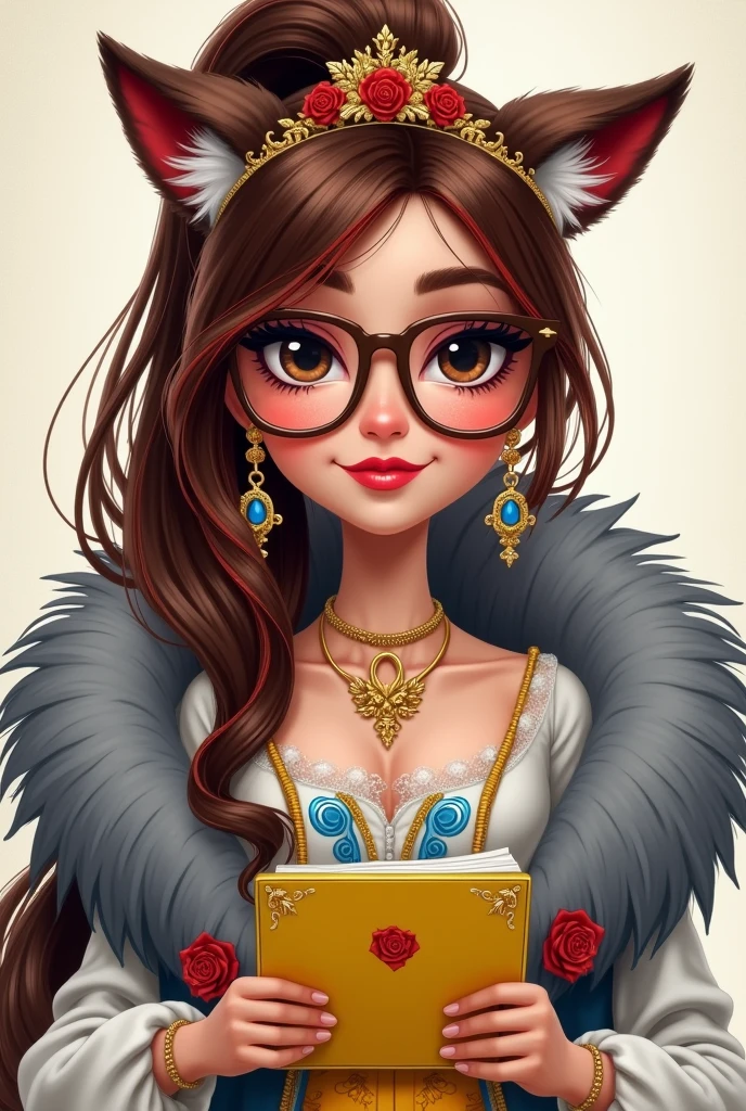 Imagem da filha da Ramona Badwof e da Rosabella Beauty de Ever After High: A long wavy brown ponytail with red streaked bangs, first of all, light brown eyes, brown glasses with a red rose, long white blouse with blue, with red roses on the blouse and sleeves, yellow skirt with golden roses, a faux fur collar around the neck of gray color, wolf earrings, wolf necklace,brown high heel boots with roses, golden flower tiara on head, You have to be holding a yellow tablet with red roses in your hands, You have to have red highlights in your hair, cannot have wolf ears on the head and in the hair, You have to have red highlights in your hair and the tablet has to have red roses