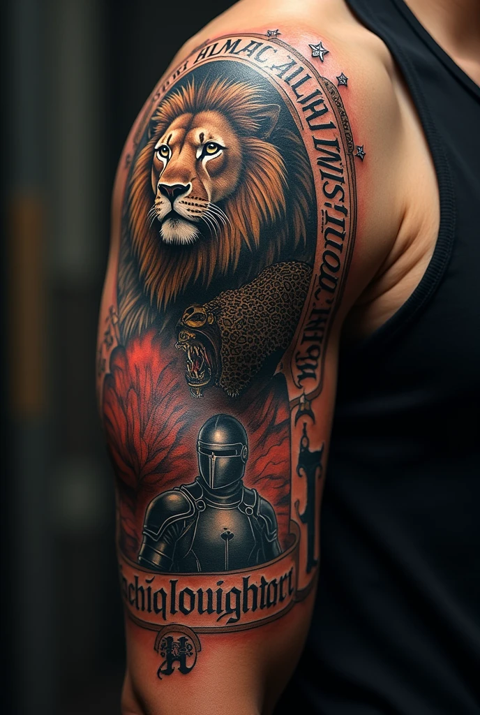 A detailed, powerful tattoo of a lion, knight, and text on the shoulder, hyper realistic, photorealistic, extreme detail, vibrant colors, cinematic lighting, dramatic, 8k, best quality