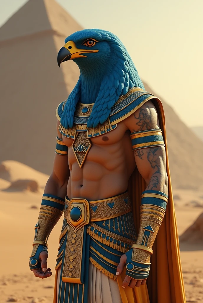 (((God HorusHawkeye's Head)))Better quality, Ultra-high resolution, 4K Detailed CG, Masterpiece,Horus,Egyptian God,Egyptian God话,Egyptian God庙,Bird Head,Blue and white feathers,Egyptian clothing,( (Blue Eagle Head)),desert,Aesthetic, Beautiful images, In the center of the screen