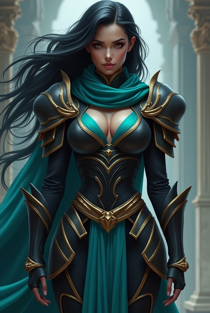 (masterpiece), best quality, expressive eyes, perfect face, (1)Woman, milf, mature look,atletic body, long black hair, serious face, medium chest , hips, withe skin, elegant sacred clothing with large shoulders and a deep collar with a distinctive palette of black, gray and turquoise scarft , black boots, armor, looks at the viwers similar to Aphelios league of legends
