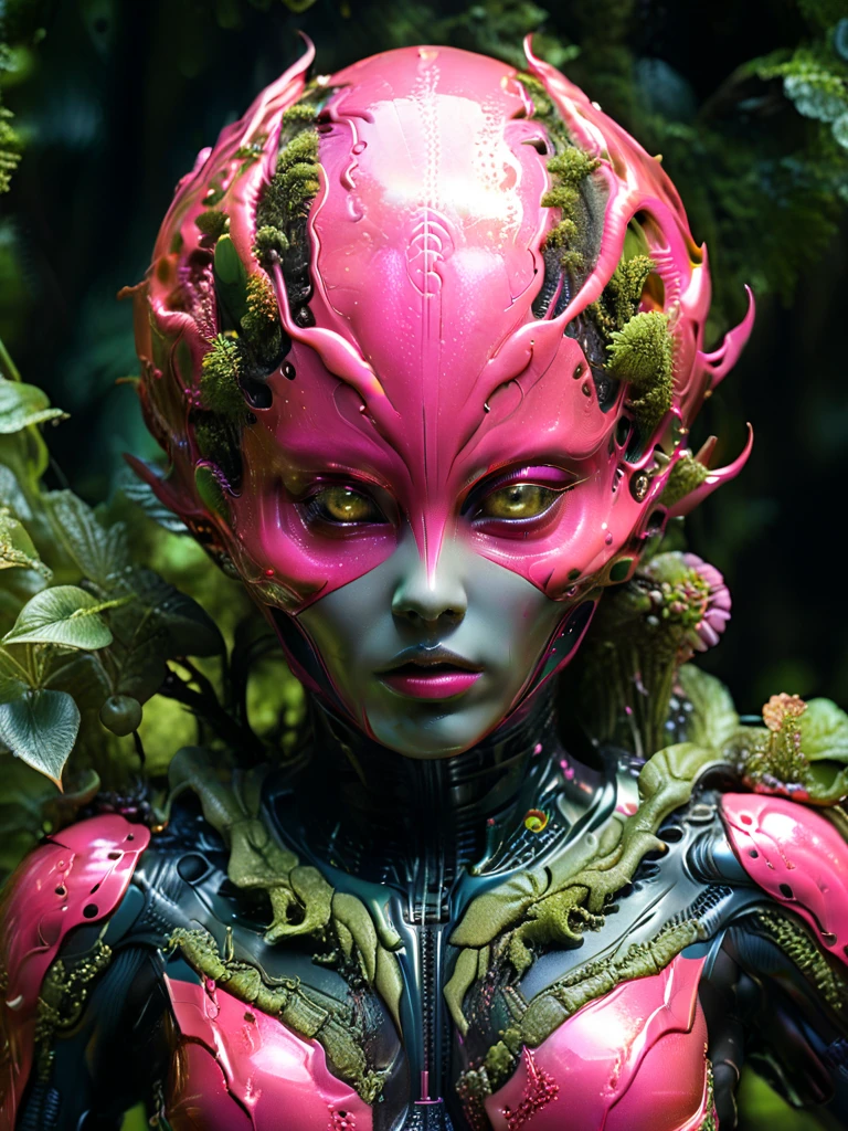 Alien flora, breeding high in the trees, on an alien Planet,Futuristic, foam, tactical, sleek, highly detailed forest, sunny day in forest, Miki Asai Macro photography, close-up, hyper detailed, trending on artstation, sharp focus, studio photo, highly detailed, macro photo, by greg rutkowski, intricate details,Hot Pink Eyes,realistic, 8k, sharp details, masterpiece, artstation, Panoramic, iridescence, hdr, sun light, reflective metallic body suit, Ultra HDR,Realistic, Cinematic Portrait, Cinematic photography, Masterpiece 