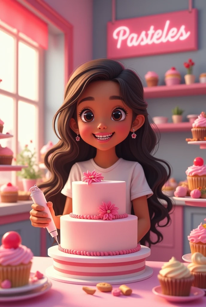 Pastry girl, light brown skin color, dark brown eyes,sonriendo con brackets Pink colours en los dientes, long loose hair, hair with caramel balayage, with a sign “Pasteles JessyP” in pink flowery letters hanging on the wall, Pink colour, around cakes, cupcakes and the girl decorating a 2-tier cake with a pastry bag