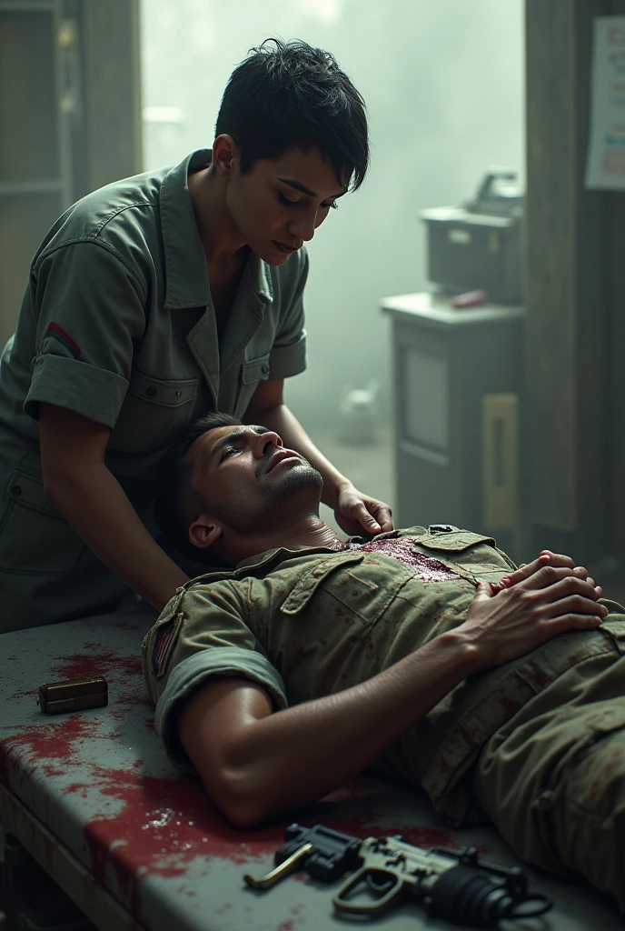 military soldier, Bblack hair, black skin color, He's hurt, a nurse is dressing him