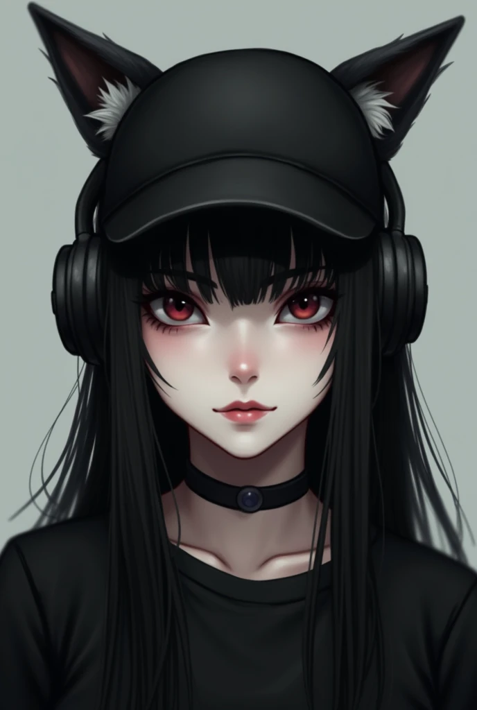 Female character with black hair, black headphones, a black cap with little ears, one folded in half and the other standing up, and wearing a black emo shirt
