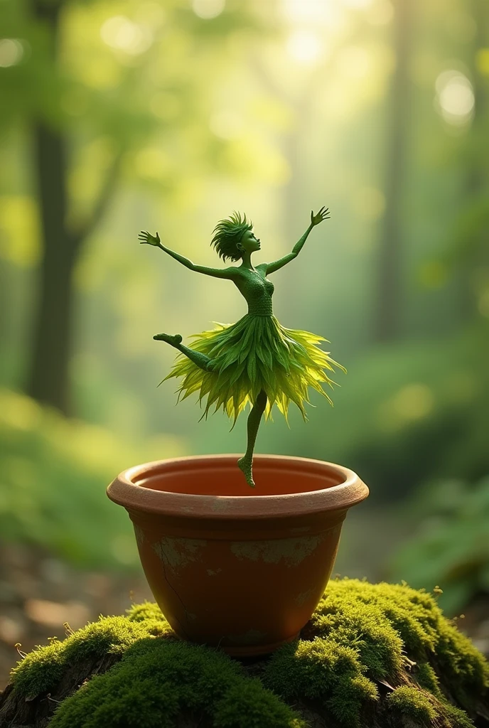 A whimsical miniature figure composed of delicately arranged green leaves, poised in a carefree dance on the rim of a weathered, moss-covered terracotta pot, set against a lush, vibrant forest backdrop, where dappled sunlight filters through the canopy above, casting intricate shadows. The overall aesthetic is ethereal, with warm, earthy tones of sienna, umber, and olive green, infused with hints of emerald and golden light, evoking a sense of wonder and enchantment, as if plucked from a fantastical realm.
