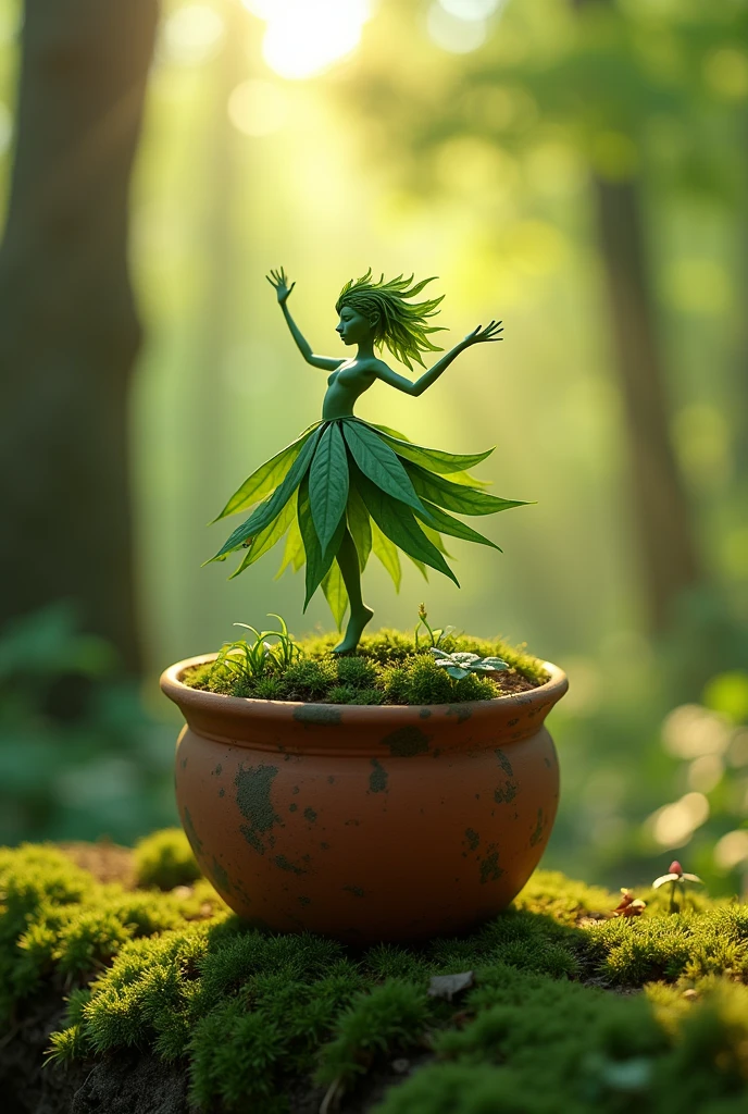 A whimsical miniature figure composed of delicately arranged green leaves, poised in a carefree dance on the rim of a weathered, moss-covered terracotta pot, set against a lush, vibrant forest backdrop, where dappled sunlight filters through the canopy above, casting intricate shadows. The overall aesthetic is ethereal, with warm, earthy tones of sienna, umber, and olive green, infused with hints of emerald and golden light, evoking a sense of wonder and enchantment, as if plucked from a fantastical realm.