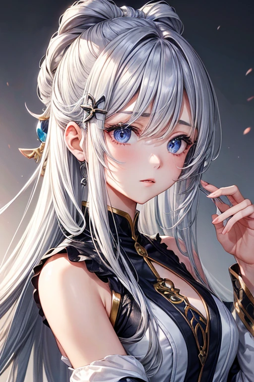 woman、A hairstyle in which all hair is combed back、Odd Eye、Silver hair back、male、Her hair is shoulder-length、Odd Eye、male'Left eye is red、male right eye blue、Increase the wide angle、Clear Eyes、male、White and gold magic costume.(Swimwear)、((Swimwear)).(look up)、((up)).
