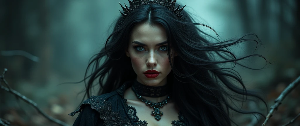 a beautiful female sorceress, long flowing hair, penetrating eyes, painted red lips, intricate detailed dress, dramatic pose, dark fantasy, dramatic lighting, cinematic, fantasy art style, dark moody colors, chiaroscuro lighting, ethereal, magical, powerful, longingly looking at the viewer