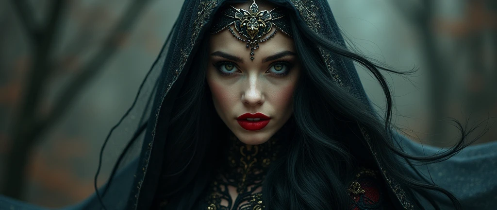a beautiful female sorceress, long flowing hair, penetrating eyes, painted red lips, intricate detailed dress, dramatic pose, dark fantasy, dramatic lighting, cinematic, fantasy art style, dark moody colors, chiaroscuro lighting, ethereal, magical, powerful, longingly looking at the viewer 