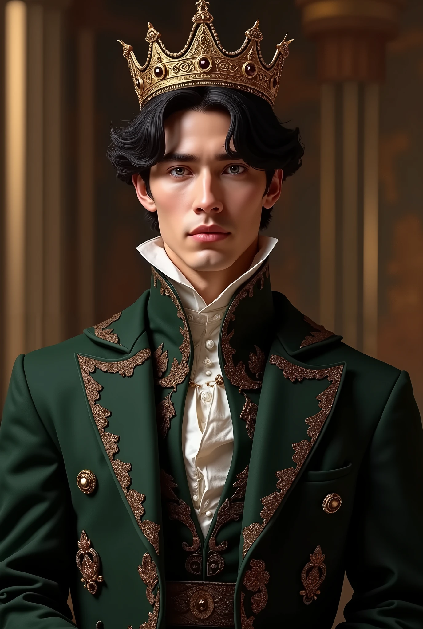 Guiseppe is a 2 Italian man who is a prince of the Italian crown.. He wears a black gold crown on his dark hair and has greenish eyes.. She has a delicate face. I need something realistic
