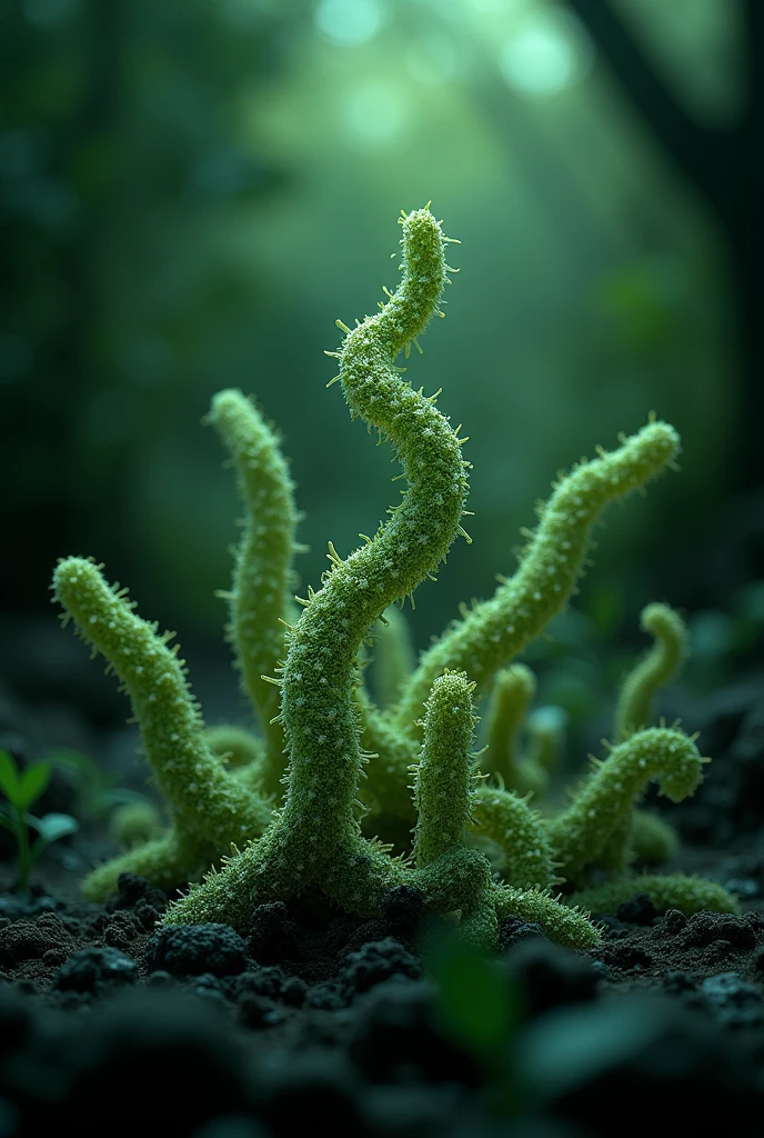 an image with dark green tones to use as a cover for the slides on Bioremediation for the recovery of contaminated ecosystems: use of exogenous genes to produce these very useful microorganisms.