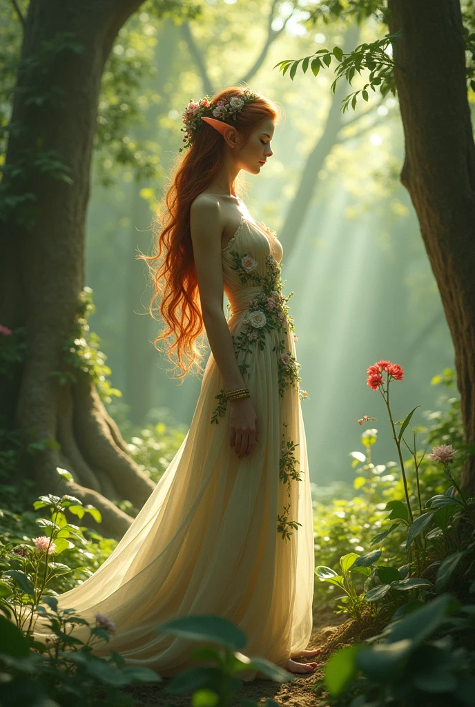 - 「In the woods、A beautiful elf-like woman in a flower-adorned dress」