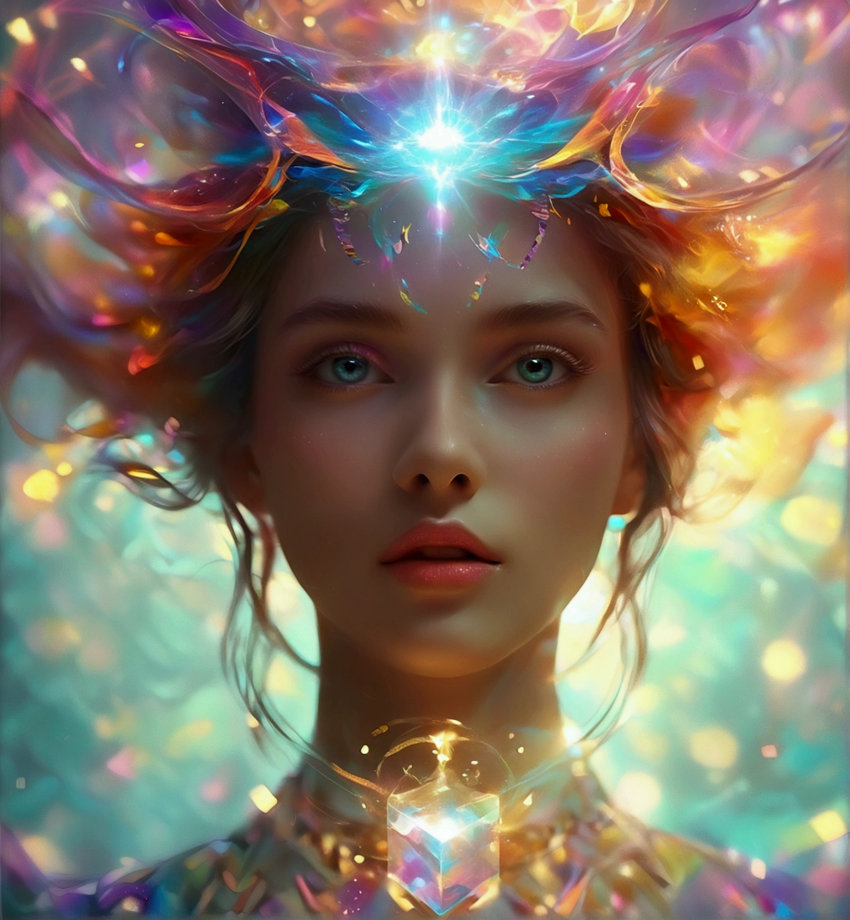 (A visionary goddess representing the concept of thinking outside the box:1.5), (elegant and innovative attire:1.4), (flowing robes made of abstract, shifting patterns:1.3), (her hair is a cascade of colorful, geometric shapes:1.4), (one hand holding a glowing cube:1.4), (the other hand gently pushing a burst of light and creativity out of the box:1.5), (eyes glowing with the spark of genius:1.4), (background filled with floating ideas and symbols of creativity:1.4), (abstract forms and futuristic elements:1.4), (surrounding her is an aura of vibrant colors:1.4), (symbols of innovation and progress woven into her robes:1.4), (a radiant, dynamic aura:1.3), (detailed facial features with a thoughtful expression:1.4), (ethereal light illuminating her form:1.3), (highly detailed and imaginative composition:1.4), (surreal and inspiring atmosphere:1.3), (vivid and harmonious color palette:1.4)