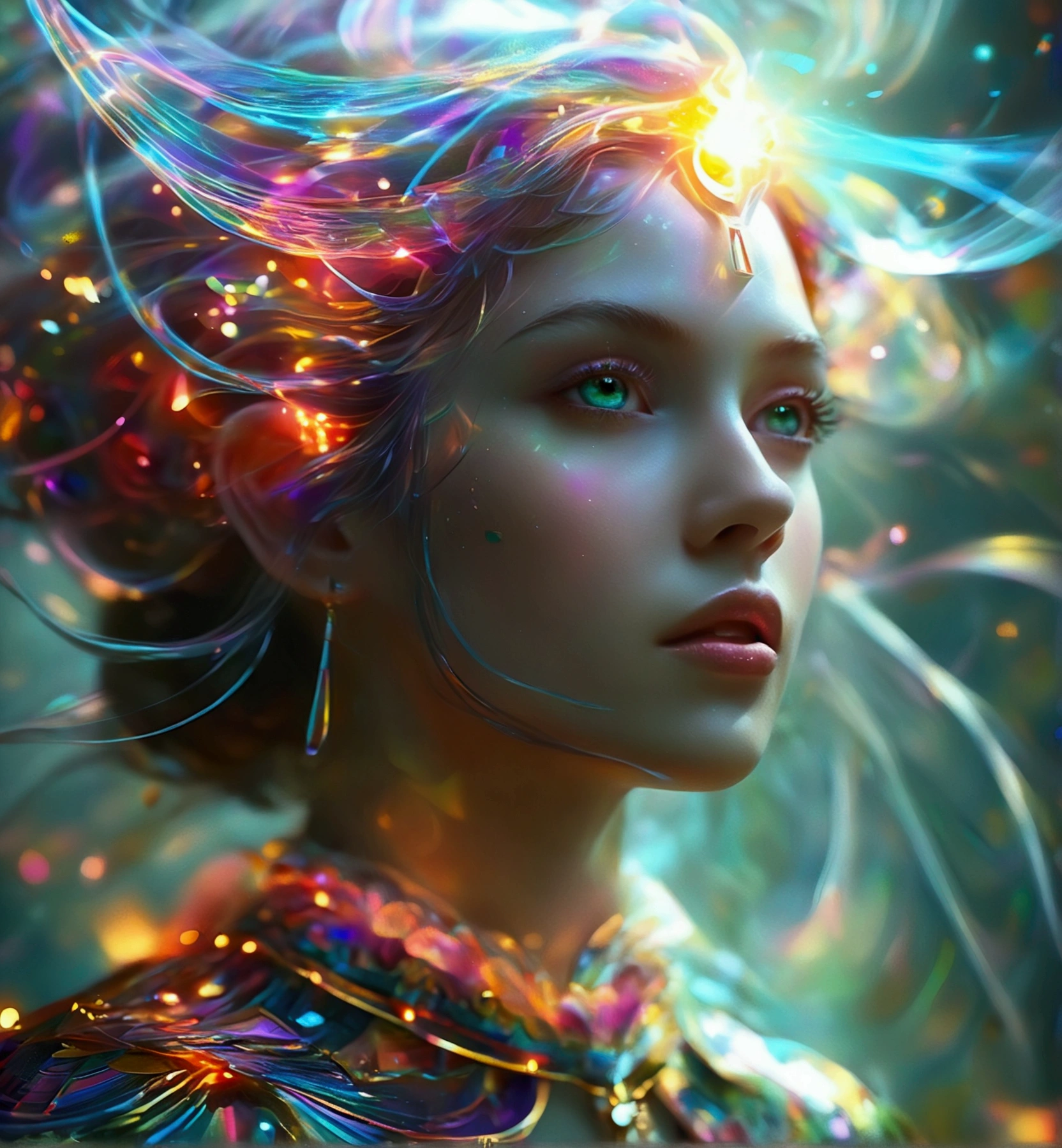 (A visionary goddess representing the concept of thinking outside the box:1.5), (elegant and innovative attire:1.4), (flowing robes made of abstract, shifting patterns:1.3), (her hair is a cascade of colorful, geometric shapes:1.4), (one hand holding a glowing cube:1.4), (the other hand gently pushing a burst of light and creativity out of the box:1.5), (eyes glowing with the spark of genius:1.4), (background filled with floating ideas and symbols of creativity:1.4), (abstract forms and futuristic elements:1.4), (surrounding her is an aura of vibrant colors:1.4), (symbols of innovation and progress woven into her robes:1.4), (a radiant, dynamic aura:1.3), (detailed facial features with a thoughtful expression:1.4), (ethereal light illuminating her form:1.3), (highly detailed and imaginative composition:1.4), (surreal and inspiring atmosphere:1.3), (vivid and harmonious color palette:1.4)