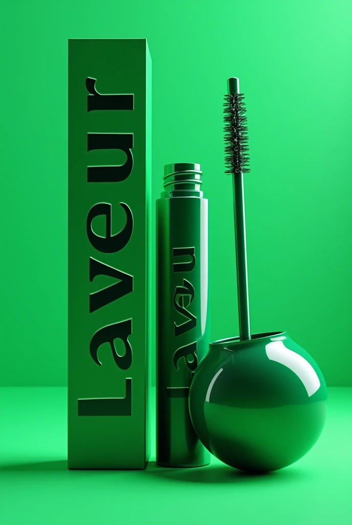 create an image of a mascara that has a round container, the mascara brush is on the outside, The name of the mascara is “LAVEUR” in asymmetrical and contrasting letters. It has various green colors, The packaging is modern and fluid. The image has a perspective in which the mascara remains anonymous., Only a part is shown .