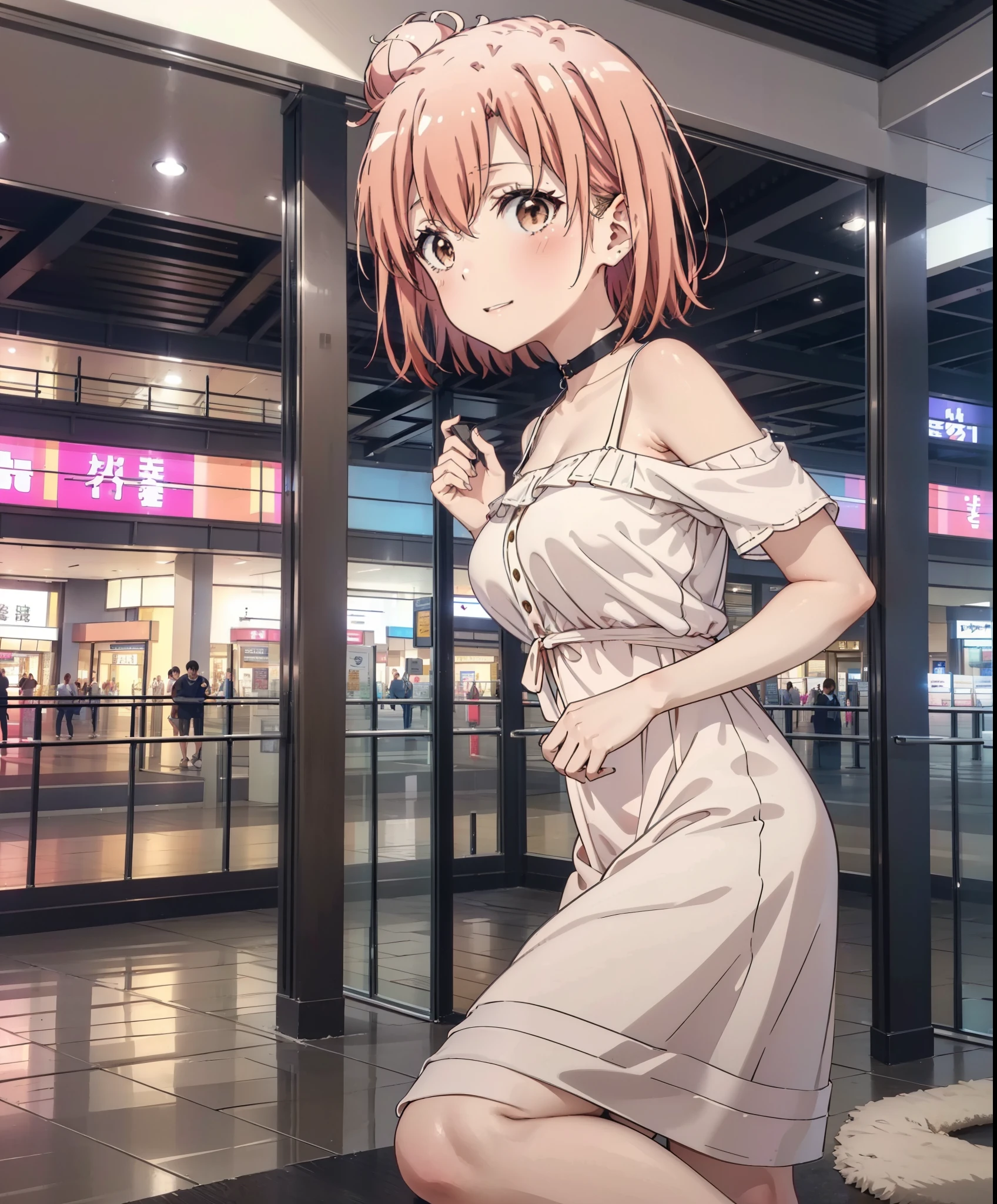 yuiyuigahama, yui yuigahama, short hair, (Brown eyes:1.5), (Pink Hair:1.2), Hair Bun, single Hair Bun,Big Breasts,smile,blush,Open your mouth,Off-the-shoulder dress,Bare shoulders,bare clavicle,Bare neck,Rocket Pendant,mini skirt,Cute heeled sandals,Daytime,Clear skies,Walking,whole bodyがイラストに入るように,
break indoors,Shopping mall,
break looking at viewer, whole body,
break (masterpiece:1.2), Highest quality, High resolution, unity 8k wallpaper, (figure:0.8), (Beautiful attention to detail:1.6), Highly detailed face, Perfect lighting, Highly detailed CG, (Perfect hands, Perfect Anatomy),