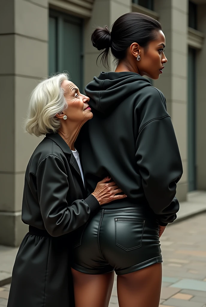 black woman hair in a bun black hoodie black leather short shorts rea;;y in shock as a old grandma in a dress on her knees kissing her ass behind her hand is in her ass holding her ass