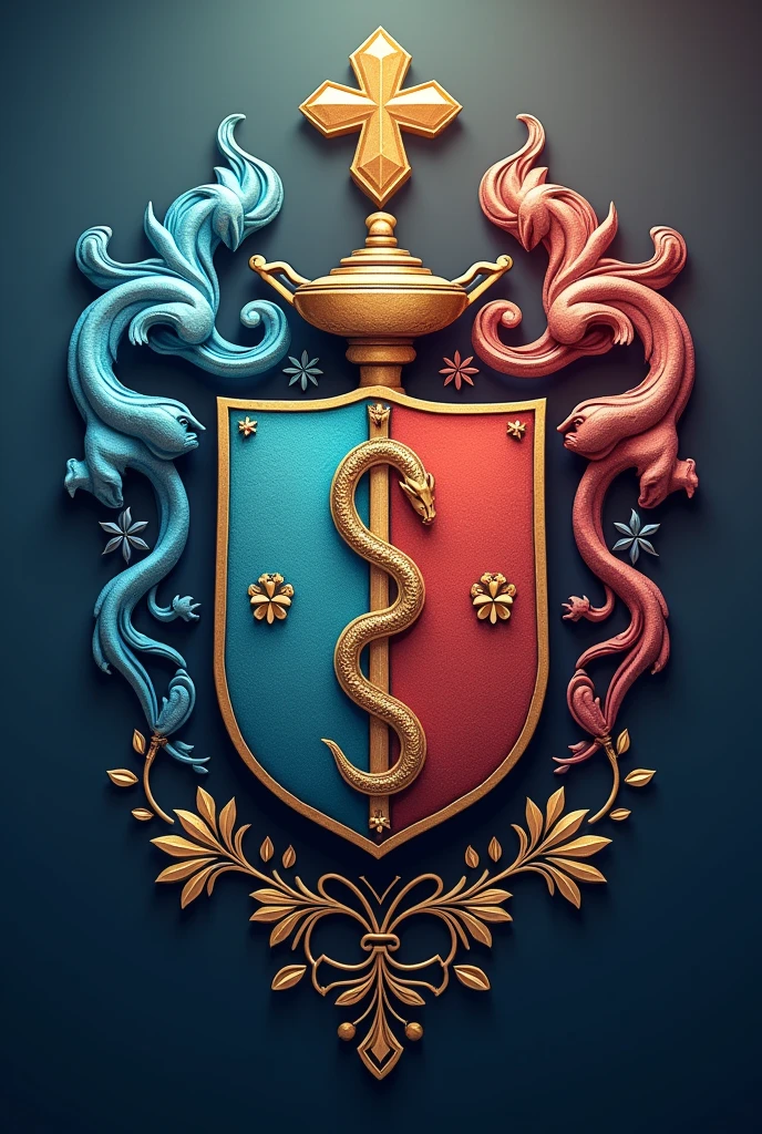 mixture of the coat of arms of psychology with that of nursing together with the lamp and the serpent and the trident