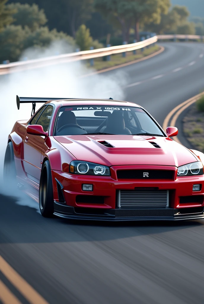 A red car driving down a road with smoke coming out of the back, Nissan GTR R 3 4, Nissan R34 GTR paving, in a modified nissan horizon r34, gtrxu1, Japanese drift car, high quality wallpaper, drifting car, hd wallpaper, high quality desktop wallpaper, sports car, sports car, high quality image, horizon