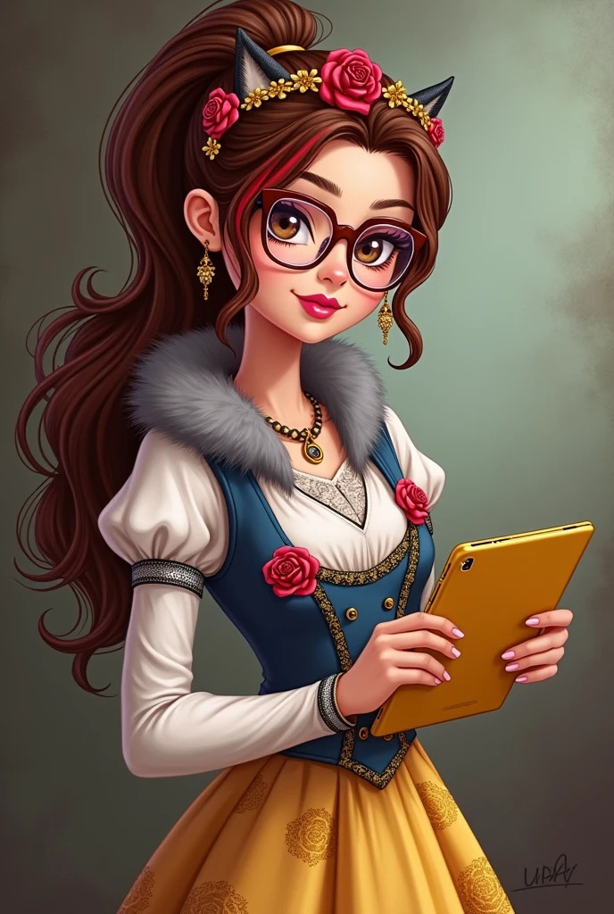 Imagem da filha da Ramona Badwof e da Rosabella Beauty de Ever After High: A long wavy brown ponytail with red streaked bangs, first of all, light brown eyes, brown glasses with a red rose, long white blouse with blue, with red roses on the blouse and sleeves, yellow skirt with golden roses, a faux fur collar around the neck of gray color, wolf earrings, wolf necklace,brown high heel boots with roses, golden flower tiara on head, You have to be holding a yellow tablet with red roses in your hands, You have to have red highlights in your hair, cannot have wolf ears on the head and in the hair, without wolf ears, I don&#39;t want her to have wolf ears 