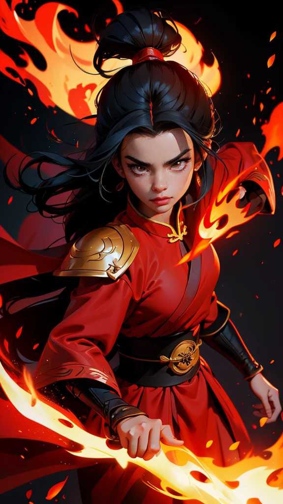 envision a 8k, highres, cinematic, full body design sheet portrait of a fierce girl named Azula with long black hair in a Chinese bun Red eyes, wearing a warrior robe with leather armor plates and fire effects against a dark background