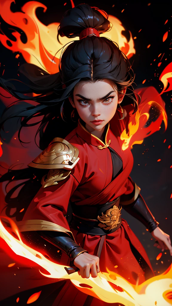 envision a 8k, highres, cinematic, full body design sheet portrait of a fierce girl named Azula with long black hair in a Chinese bun Red eyes, wearing a warrior robe with leather armor plates and fire effects against a dark background