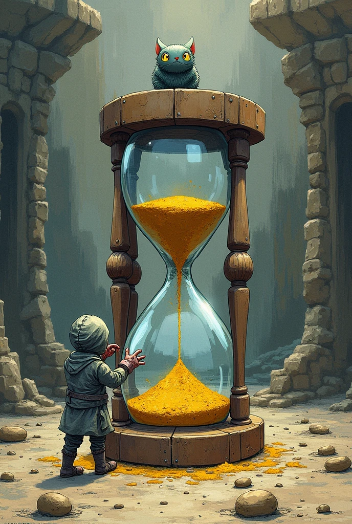 A colored drawing of a broken hourglass in the middle of stone runes or cave by the Ariba side, a very small man compared to the clock trying to put more sand, The quico is above the clock that is broken, He tries with his two gunshot hands to put more grains of sand into the broken part of the clock