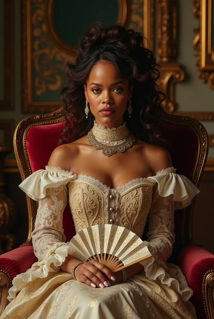 Rihanna as Duchess of "Bridgerton" sitting with a fan