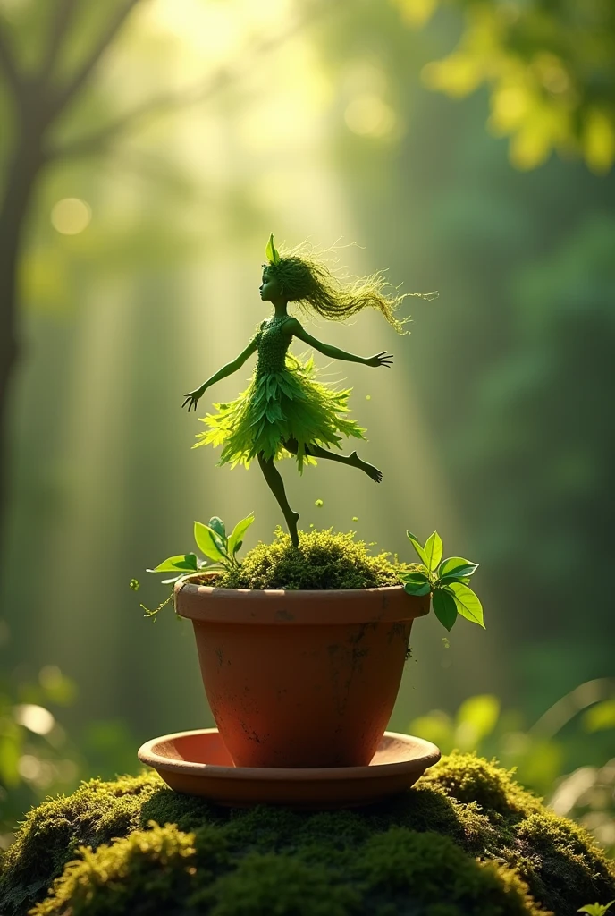 A whimsical miniature figure composed of delicately arranged green leaves, poised in a carefree dance on the rim of a weathered, moss-covered terracotta pot, set against a lush, vibrant forest backdrop, where dappled sunlight filters through the canopy above, casting intricate shadows. The overall aesthetic is ethereal, with warm, earthy tones of sienna, umber, and olive green, infused with hints of emerald and golden light, evoking a sense of wonder and enchantment, as if plucked from a fantastical realm.