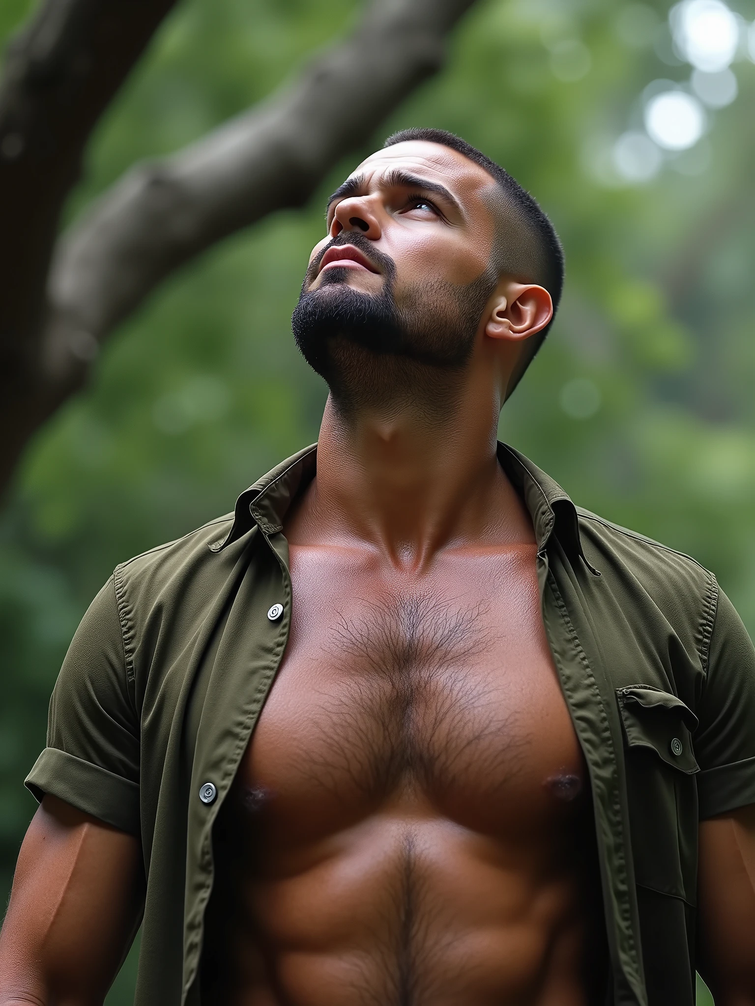 Gorgeous well built guy, short buzz cut hair, open shirt, hairy chest, looking up at the skies, 4k resolution, photo realistic image, sweat pouring down his face