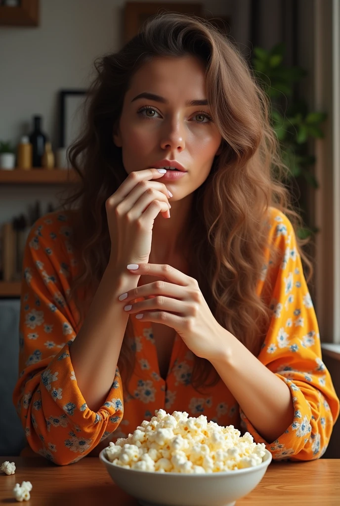 (photorealism:1.2), beautiful woman, ( colorful home clothes ), biting nails, at home, living room, eating popcorn, long curly hair, indoors, soft lighting, relaxed pose, realistic, intricate details, warm colors,