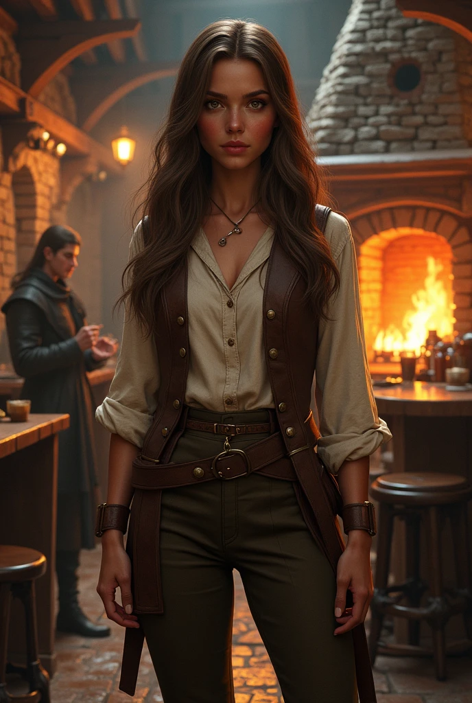 A young brunette woman in a tavern wearing a standard outfit, this young man is half elf