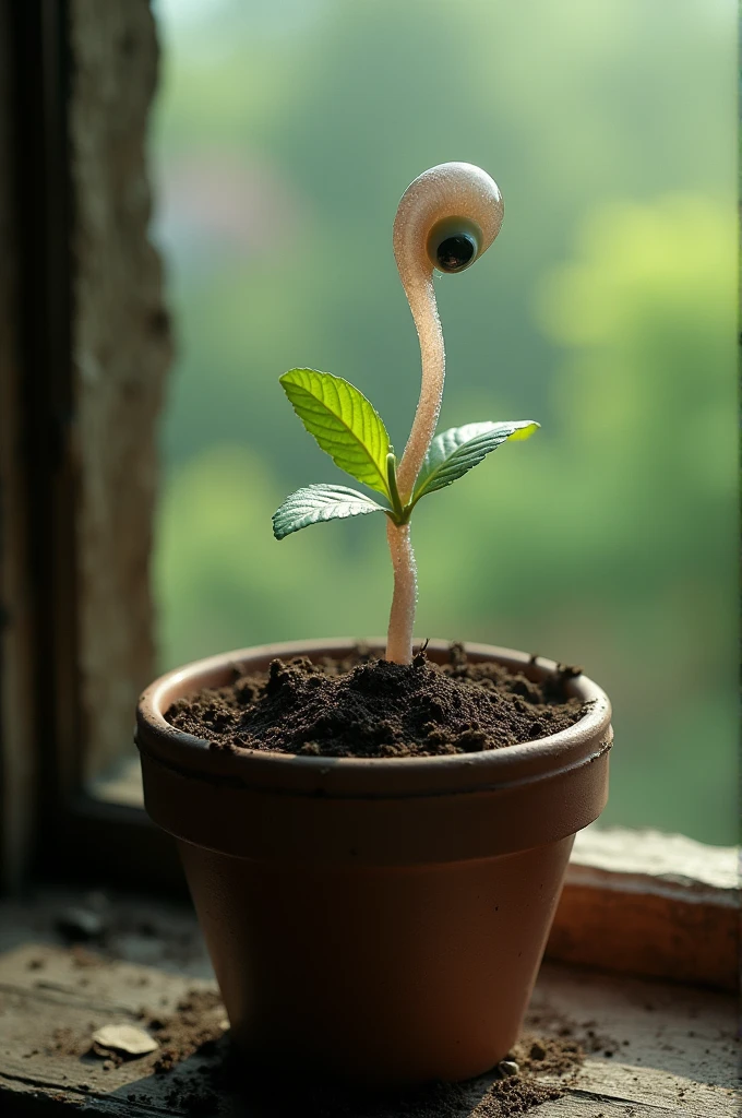 A small thin tentacle sprouting in a flower pot
