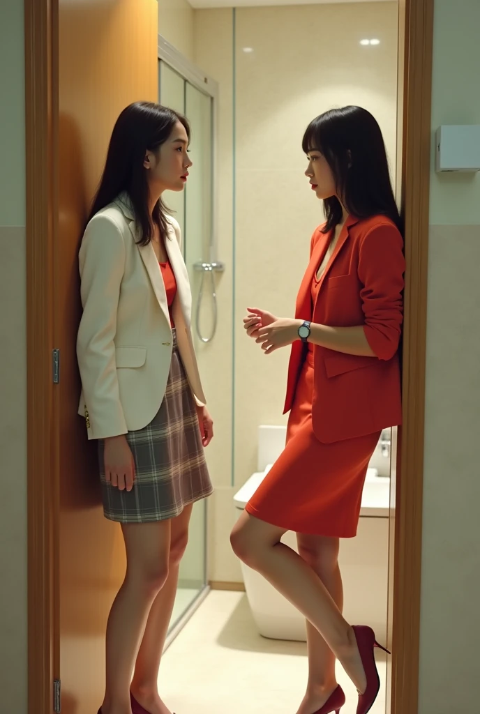 2 Japan woman、high resolution、High resolution、Realistic、Fashion Model、I was in the toilet、Suddenly the bathroom door opened. She turned awkwardly and raised her foot, While saying apologetically, 『Wait a minute』.'