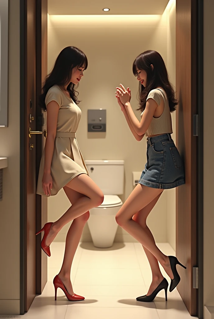 2 Japan woman、high resolution、High resolution、Realistic、Fashion Model、I was in the toilet、Suddenly the bathroom door opened. She turned awkwardly and raised her foot, While saying apologetically, 『Wait a minute』.'