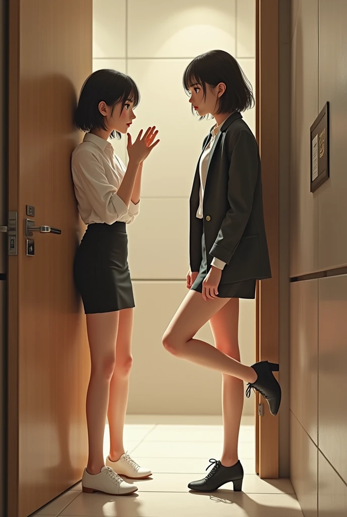 2 Japan woman、high resolution、High resolution、Realistic、Fashion Model、I was in the toilet、Suddenly the bathroom door opened. She turned awkwardly and raised her foot, While saying apologetically, 『Wait a minute』.'