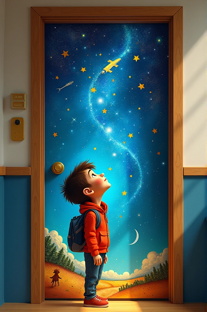 An idea to create a decorative door for a classroom with the following phrase “Here grow dreams and the stars of tomorrow”.