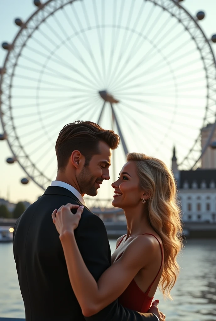 A couple hugging in front of the London Eye, taking a profile selfie man brown hair and eyes, with old money style haircut, blonde woman with green eyes 8k ultra realistic photorealistic