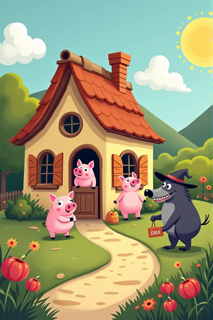 Make a cover for the story of the three little pigs, Where are the three little pigs inside the house with mommy pig who is a witch and outside you can see the wolf. In cartoon and easy to draw