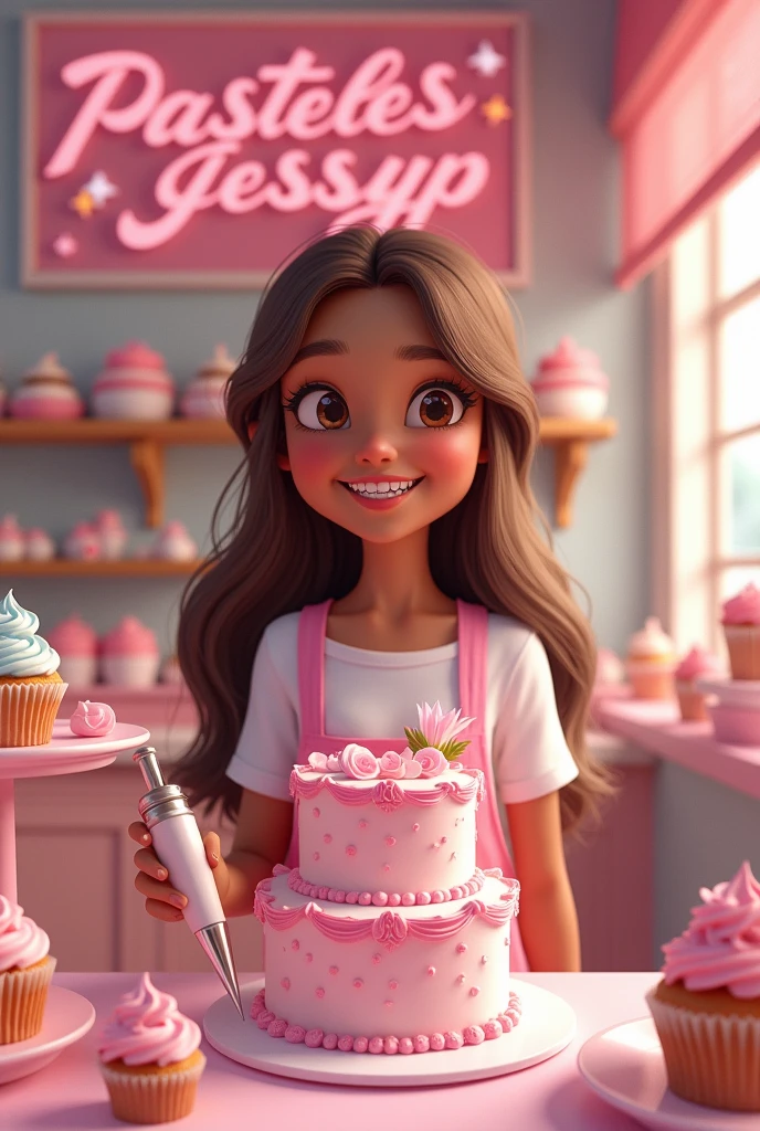 Pastry girl, light brown skin color, dark brown eyes,sonriendo con brackets Pink colours en los dientes, long loose hair, hair with caramel balayage, with a sign “Pasteles JessyP” in pink flowery letters hanging on the wall, Pink colour, around cakes, cupcakes and the girl decorating a 2-tier cake with a pastry bag
