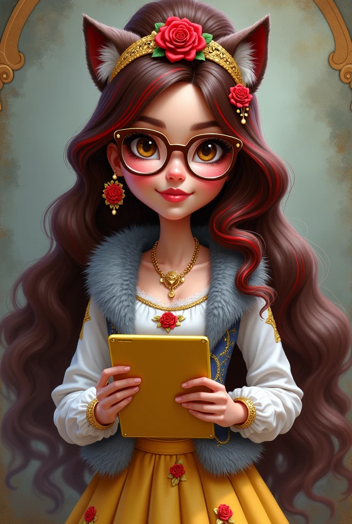 Imagem da filha da Ramona Badwof e da Rosabella Beauty de Ever After High: A long wavy brown ponytail with red streaked bangs, first of all, light brown eyes, brown glasses with a red rose, long white blouse with blue, with red roses on the blouse and sleeves, yellow skirt with golden roses, a faux fur collar around the neck of gray color, wolf earrings, wolf necklace,brown high heel boots with roses, golden flower tiara on head, You have to be holding a yellow tablet with red roses in your hands, You have to have red highlights in your hair, cannot have wolf ears on the head and in the hair, without wolf ears, I don't want her to have wolf ears